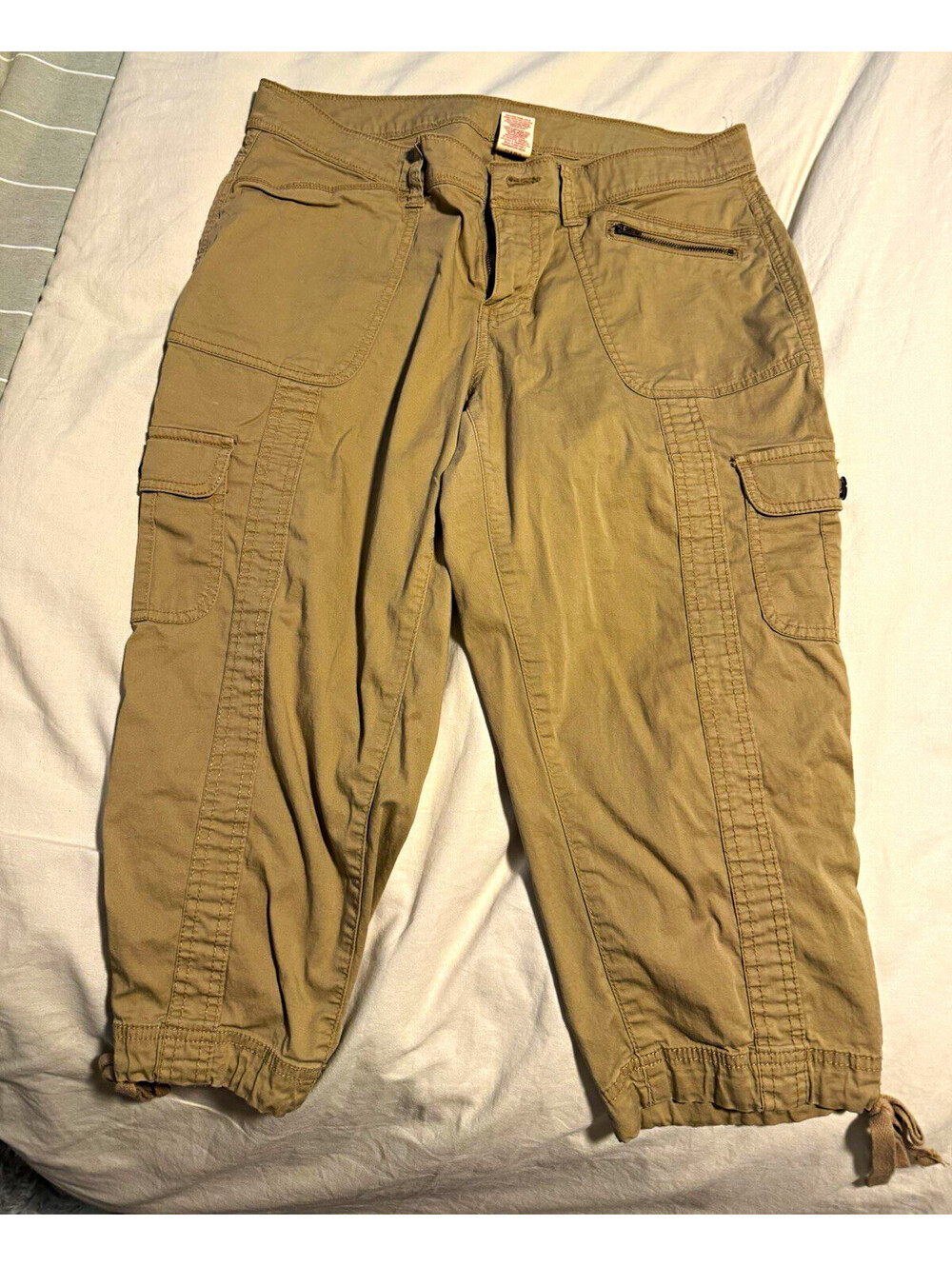 Faded Glory Women's Beige Solid Cargo Pants Flat Front Pockets Cotton/Spandex